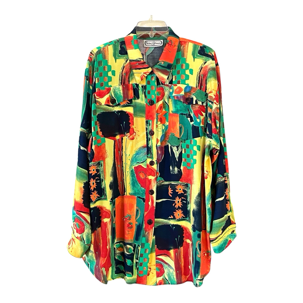 SAINT GERMAIN PARIS Size XL VTG 90s Abstract Art Button-Up Top Long Sleeve Shirt